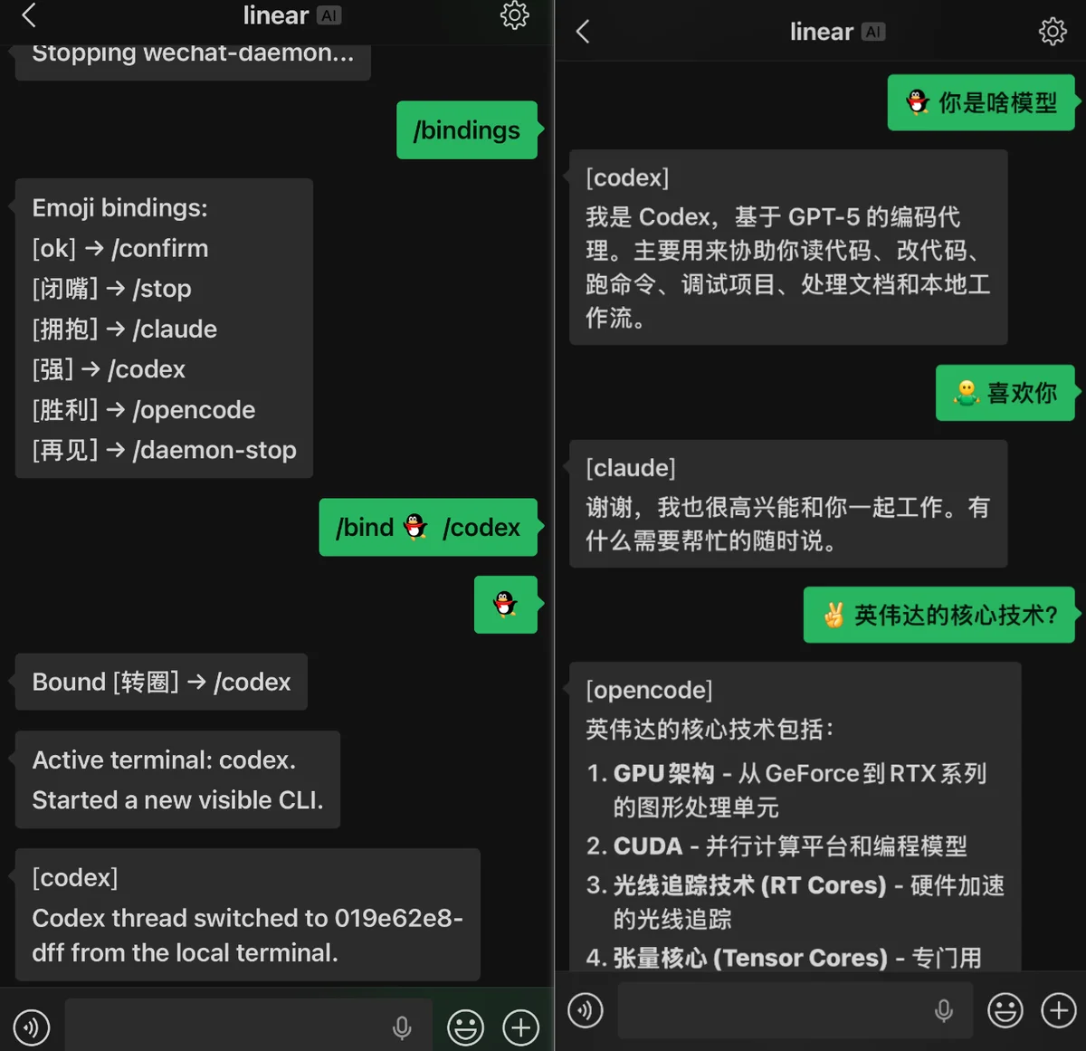 微信聊天窗口中的 /bindings 指令输出
